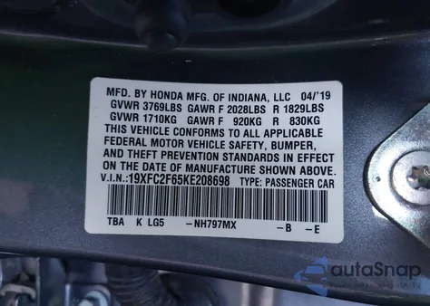 2019 Honda Civic Lx from USA, damaged, VIN 19XFC2F65KE208698